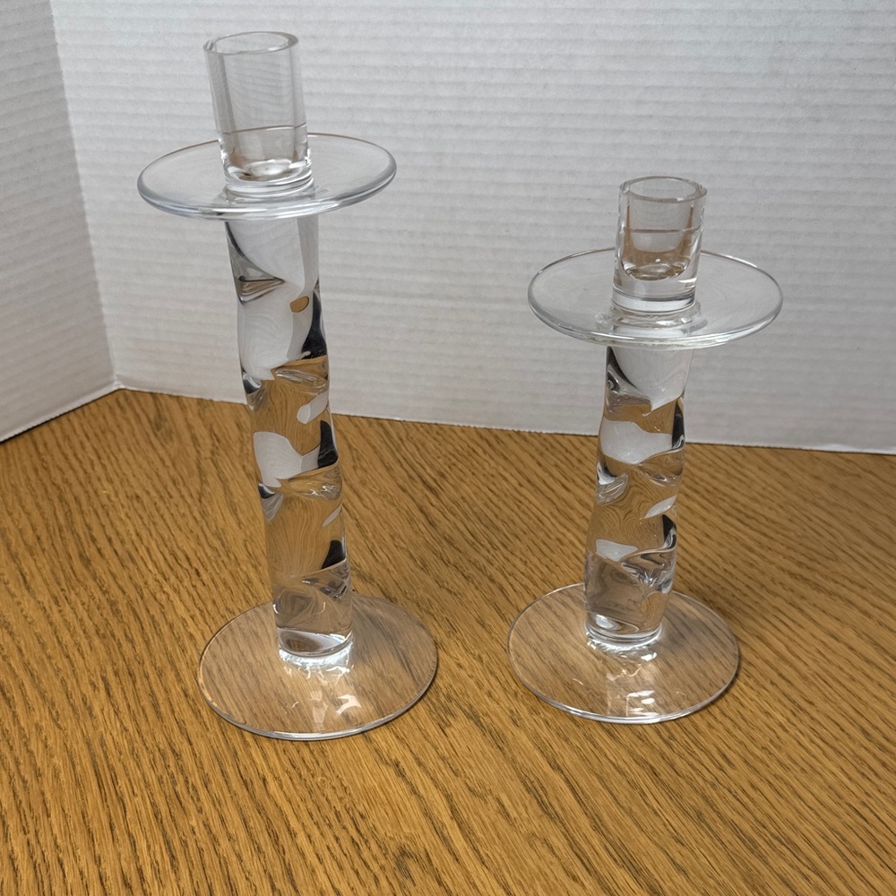 ORREFORS SWEDEN Crystal Clear Glass Candle Holders RARE Twist Design 9.5" - 7.5"